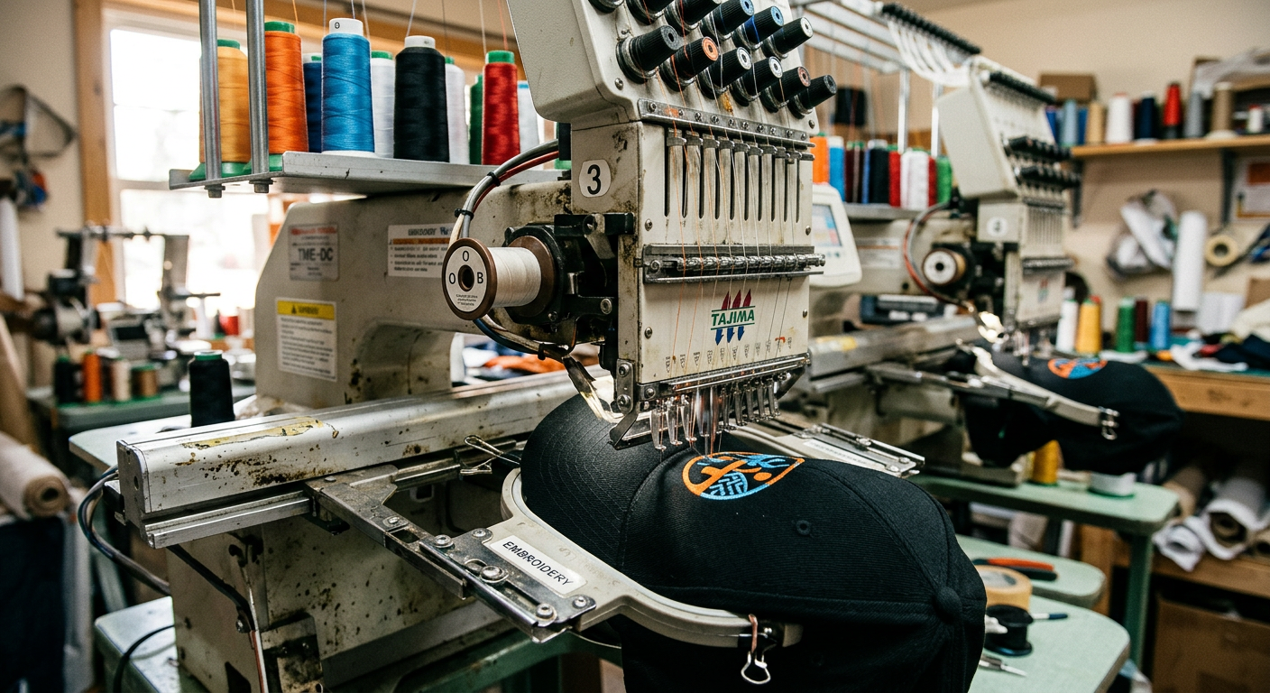 An embroidery machine stitching a logo onto the front of a black baseball cap