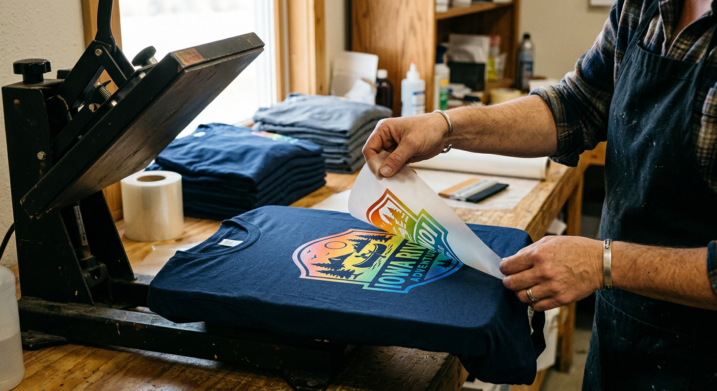 A full color printed logo being revealed on a navy t-shirt on a heat press